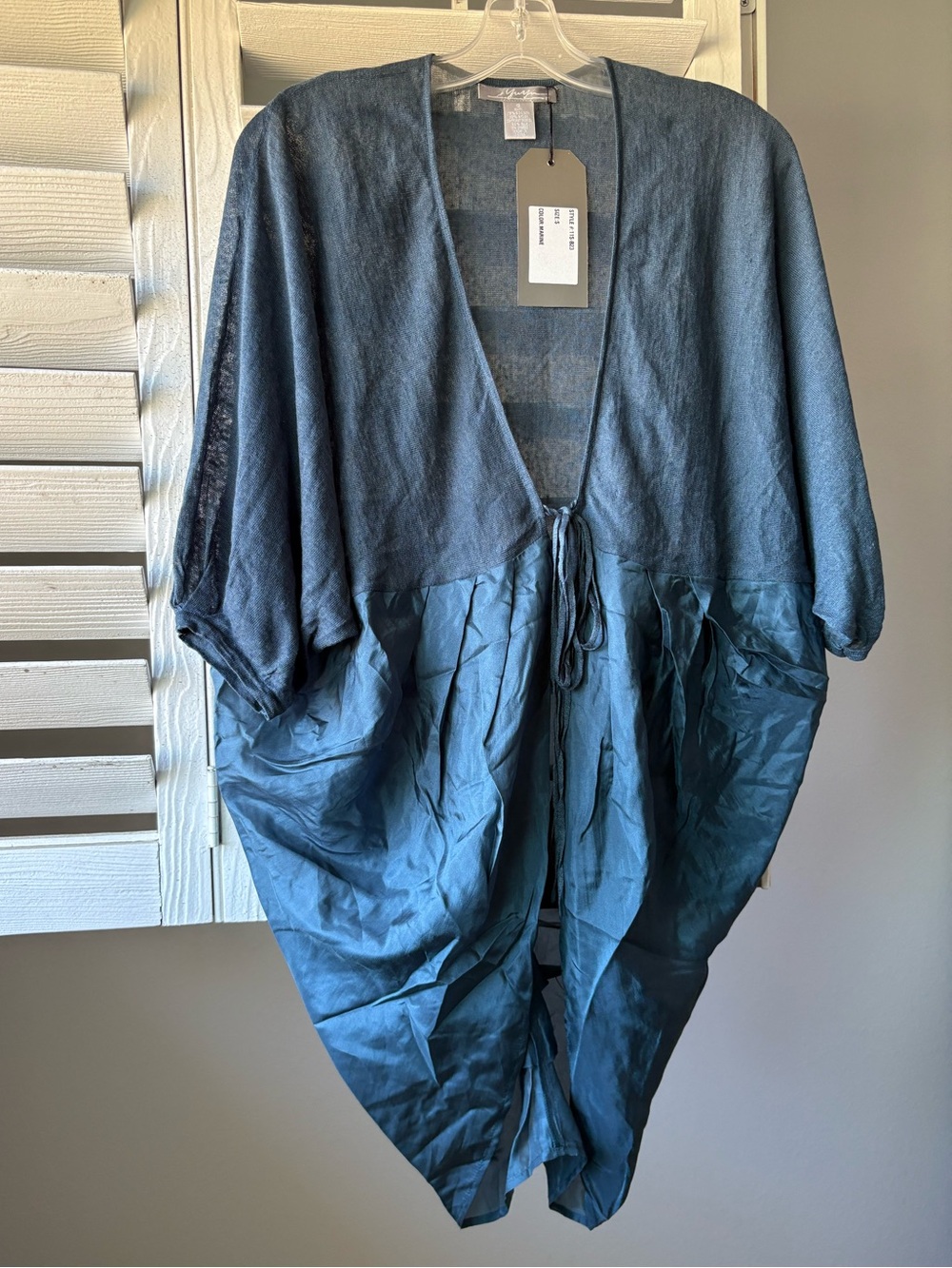 Silk and Linen 3/4 Sleeve Vacation Sweater with Tie Front Marine Blue